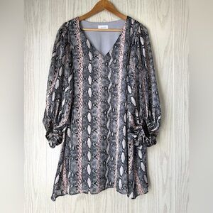 Adrienne Snakeskin Print V-Neck Dress Balloon Sleeve Size M